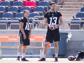 Lewis Ward (left) and Richie Leone of the Ottawa Redblacks during practice at TD Place.