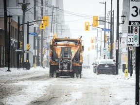 A city salt truck makes its way along Elgin Street in January.