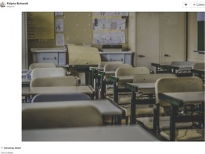 The image used by Education Minister Stephen Lecce in a tweet criticizing Ontario teachers was from a website called unsplash.com that provides free high-resolution images. It's labelled 'photography of a school room. This is Brazil.'