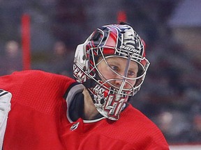 Craig Anderson takes warm up as the Ottawa Senators take on the Anaheim Ducks in NHL action at the Canadian Tire Centre in Ottawa.