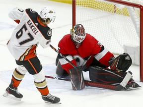 Rickard Rakell scores the winner in the overtime shootout period as the Ottawa Senators take on the Anaheim Ducks in NHL action at the Canadian Tire Centre in Ottawa.