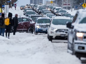 Traffic backed up on Carling Avenue after a significant snowfall in Ottawa. February 7, 2020.