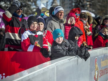 The Ottawa Senators Alumni and NHL Alumni held a shinny game at the Rink of Dreams in front of City Hall Saturday, February 8, 2020, part of the Home Town Hockey Tour. Fans young and old bundled up, braving the cold temperatures, to take in the fun.