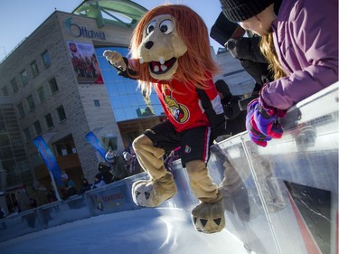 The Ottawa Senators Alumni and NHL Alumni held a shinny game at the Rink of Dreams in front of City Hall Saturday, February 8, 2020, part of the Home Town Hockey Tour. Spartacat was there to enjoy the fun and cheer on his team Saturday morning.   Ashley Fraser/Postmedia