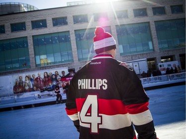 The Ottawa Senators Alumni and NHL Alumni held a shinny game at the Rink of Dreams in front of City Hall Saturday, February 8, 2020, part of the Home Town Hockey Tour. Chris Phillips takes the ice as the sun poured down on one section.
