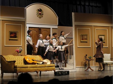Maria Rainer played by Grace Cosgrove and the von Trapp children, during St. Mother Teresa High School's Cappies production of The Sound of Music, on Feb. 14, 2020, in Ottawa, On.