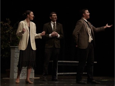 Elsa Shraeder played by Hannah Lie (L), Captain Georg von Trapp played by Jack Wilcox (M) and Max Detweiler played by Roman Cernetchi (R), during St. Mother Teresa High School's Cappies production of The Sound of Music, on February 14, 2020, in Ottawa, Ontario.