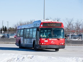 A lone OC Transpo bus sits with its Out of Service sign on at Fallowfield Station. February 20, 2020. Errol McGihon/Postmedia