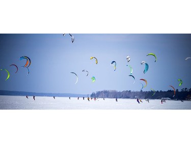 Britannia Bay was taken over with kites Saturday, Feb. 22, 2020, for the first, potentially annual, Snowkite Squall, where 50 athletes race and test their snowkiting skills, tactics and endurance.