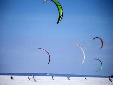 Britannia Bay was taken over with kites Saturday, Feb. 22, 2020, for the first, potentially annual, Snowkite Squall, where 50 athletes race and test their snowkiting skills, tactics and endurance.