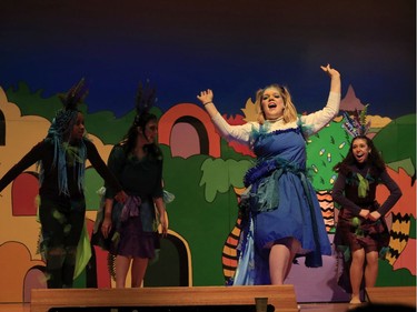 McFuzz, played by Josephine Crone, gets some support from Bird Girls (L-R) Dianthe Baird, Ally Morin, and Carmyn Gale-Fields during the Woodroffe High School production of Seussical The Musical on February 22 in Ottawa.