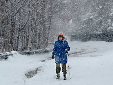 A woman came prepared for her walk near TD Place with good boots and a walking stick Thursday. Commuters had a hard time getting around Ottawa Thursday following a huge dump of wet, slushy snow in the capital.