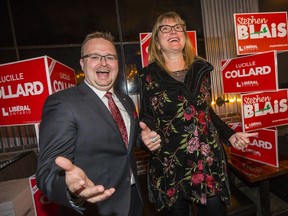Stephen Blais and Lucille Collard celebrate their election win at the Crate & Crust Restaurant on Olgilvie Rd as by-elections were held in Ottawa-Vanier and Orleans. The Liberal candidates – Stephen Blais (Orleans) and Lucille Collard (Ott-Vanier) held a joint by-election watch party.
