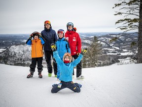 What a view from the top of the race course at Mont Ste-Marie! From left: 10-year-old George Dawe; Patrick Biggs; 10-year-old Faith Mill; eight-year-old Lexi Giannakof; and Erik Guay.