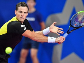 Canada's Vasek Pospisil returns the ball to France's Gael Montfils during their final match at the Open Sud de France ATP World Tour in Montpellier, southern France, on Sunday.