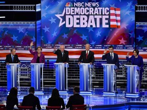 Democratic presidential hopefuls Former New York Mayor Mike Bloomberg, Massachusetts Senator Elizabeth Warren, Vermont Senator Bernie Sanders, Former Vice President Joe Biden, Former mayor of South Bend, Indiana, Pete Buttigieg and Indiana Senator Amy Klobuchar participate in the ninth Democratic primary debate of the 2020 presidential campaign season.