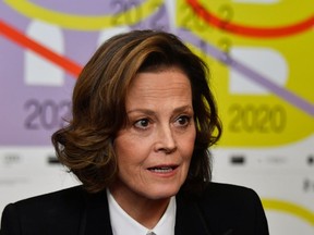 American actress Sigourney Weaver leaves the press conference for the film "My Salinger year" screened at the Berlinale Special Gala in Berlin on February 20, 2020 .