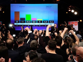 Supporters of Germany's Social Democratic Party's (SPD) celebrate after exit poll results were announced on public broadcaster TV ZDF during the election for a new parliament in German city-state Hamburg on February 23, 2020 in Hamburg. Photo by Patrik Stollarz / AFP