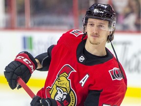 Thomas Chabot warms up before the Ottawa Senators take on the Detroit Red Wings at the Canadian Tire Centre on Saturday, Feb. 29, 2020.
