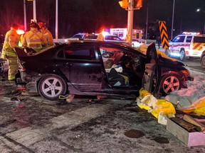 Two people were extricated from this car in crash at Ogilvie and Aviation Parkway in the east end.