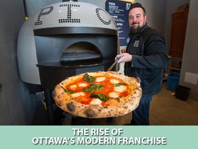 Pi Co is a new pizza franchise that has spread from Toronto to Ottawa. Chris McCrudden opened his first location in late January and plans to open a second one downtown this spring. A margherita pizza.