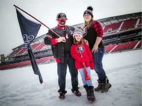 Redblacks superfan Clint Ford at TD Place Saturday February 1, 2020. Ford, his girlfriend Ashley Salt and her daughter eight-year-old Kaylee Salt on the field.