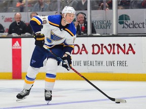 St. Louis Blues defenceman Jay Bouwmeester controls the puck against the Anaheim Ducks during the first period at Honda Center. Bouwmeester was involved in a medical emergency that postponed the game.