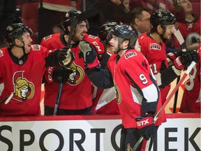 Bobby Ryan celebrates with team after scoring his first of three goals against the Vancouver Canucks at the Canadian Tire Centre on Thursday, Feb. 27, 2020.