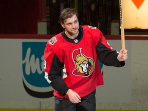 Ottawa Senators right wing Bobby Ryan (9) in named the first star after scoring a hat trick in game against the Vancouver Canucks  at the Canadian Tire Centre.