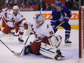 Carolina Hurricanes emergency goaltender David Ayres defends the goal  against the Toronto Maple Leafs at Scotiabank Arena.