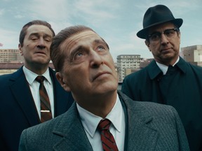 (L-r) Frank Sheeran (Robert De Niro), Jimmy Hoffa (Al Pacino) and Bill Bufalino (Ray Romano) in "The Irishman."