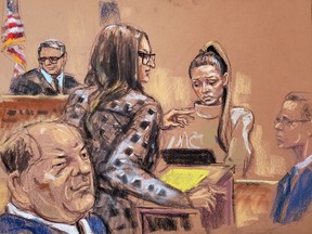 Film producer Harvey Weinstein watches as witness Jessica Mann is questioned by Donna Rotunno in front of Judge James Burke during Weinstein's sexual assault trial at New York Criminal Court in the Manhattan borough of New York City, New York, U.S. February 3, 2020 in this courtroom sketch.
