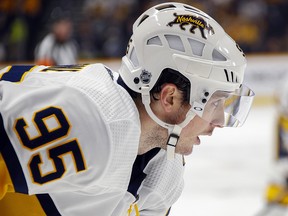 Matt Duchene of the Nashville Predators watches a faceoff against the St. Louis Blues at Bridgestone Arena on February 16, 2020 in Nashville. (Frederick Breedon/Getty Images)