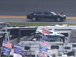 The presidential motorcade for President Donald Trump arrives prior to the Daytona 500 at Daytona International Speedway.