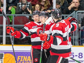 The Ottawa 67's celebrate after a Marco Rossi goal against the Oshawa Generals at the TD Place arena on Friday, Feb. 28, 2020.