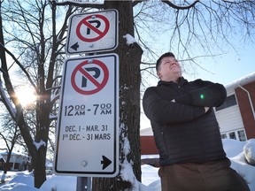 Lukas Ratkowski  on Moncton Road in Ottawa Monday Feb 10, 2020. Lukas lives in a condo on Moncton Road in Queensway Terrace North and is angry that the city has banned overnight parking on the street.