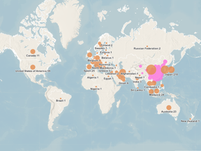 A map showing countries who have confirmed cases of COVID-19.