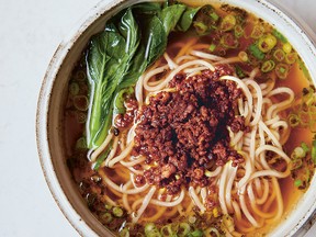 Soup noodles with ground pork topping from The Food of Sichuan.
