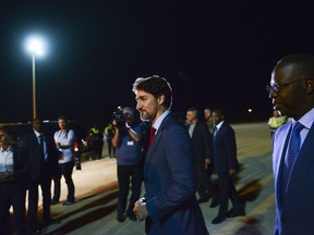 Prime Minister Justin Trudeau arrives in Dakar, Senegal on Tuesday, Feb. 11, 2020.