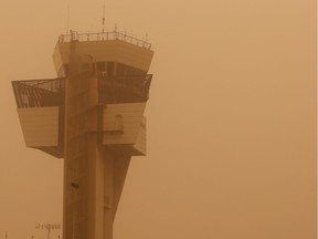 Control tower is pictured during a sandstorm blown over from North Africa known as "calima" at Las Palmas Airport, Canary Islands, Gran Canaria, February 22, 2020. REUTERS/Borja Suarez