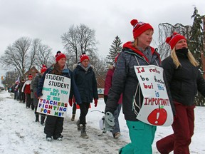 Striking teachers picket on Feb. 6, 2020 in Sarnia, Ont.