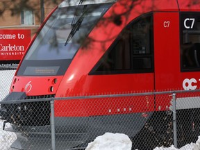 A train at the Carleton University Trillium Line stop. Is the expanded line be in for a bumpy ride?