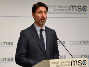 Canada's Prime Minister Justin Trudeau addresses a press conference at the 56th Munich Security Conference (MSC) in Munich, southern Germany, on February 14, 2020.