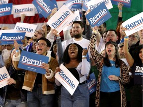 Supporters cheer as U.S. Democratic 2020 presidential candidate Sen. Bernie Sanders speaks at a campaign rally on Feb. 17.
