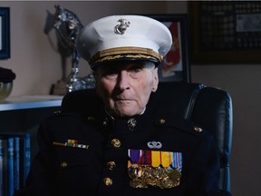 Major Bill White, a 104-year-old Marine veteran who fought and was injured in the World War Two battle for Iwo Jima, sits for a portrait at his home at an assisted living facility, where he is soliciting cards for Valentine's Day in Stockton, California, U.S. January 31, 2020.