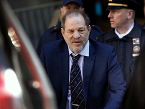 Harvey Weinstein, former co-chairman of the Weinstein Co., departs state supreme court in New York, U.S., on Friday, Feb. 14, 2020. Weinstein was a "predator" who used his position as a powerful Hollywood producer to attack women he viewed as disposable, prosecutor Joan Illuzzi told jurors at the movie mogul's rape trial.