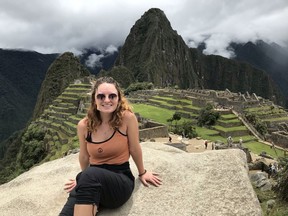 Nicole Bayes-Fleming at Machu Picchu in Peru. Now she and her boyfriend are trying to get home.