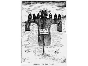 This editorial cartoon appreared on the front page of the Ottawa Citizen of March 21, 1911. A typhoid epidemic was sweeping through the city then, exacerbating the problems it already faced from smallpox, diptheria and tuberculosis.