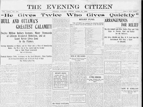 The front page of The Evening Citizen on April 27, 1900, the day after a calamitous fire destroyed much of Ottawa and most of Hull.