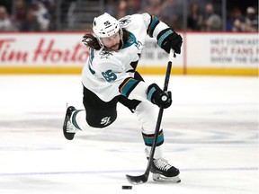 Erik Karlsson of the San Jose Sharks fires a shot on goal against the Colorado Avalanche in the first period at the Pepsi Center on January 16, 2020 in Denver, Colorado.